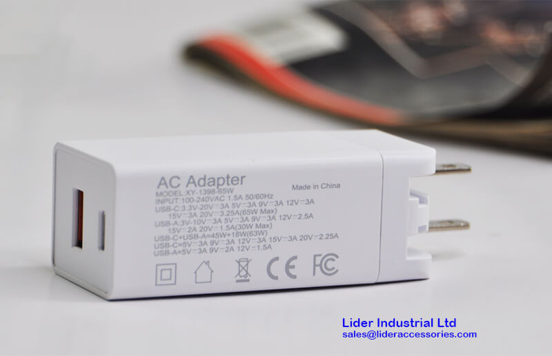 65W GaN AC Charger with dual port for Macbook iPhone Smart phones